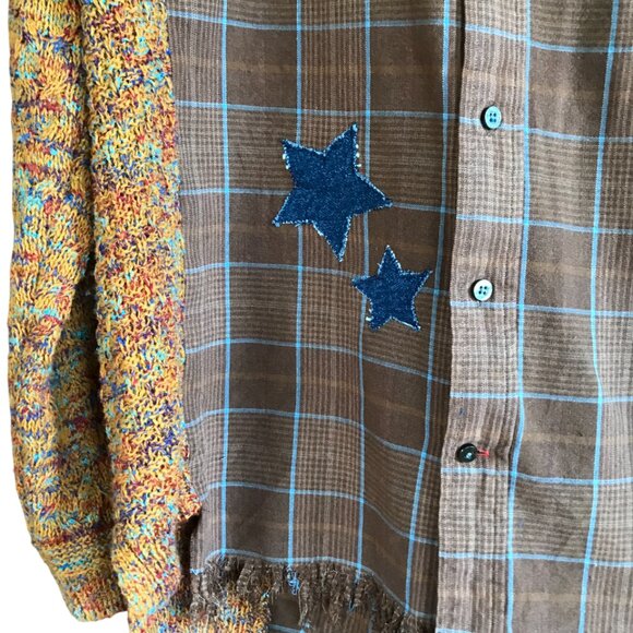 Upcycled Autumn Flannel Shirt, Sweater Sleeves: Plaid Button-Down Jacket Size L - Picture 7 of 10